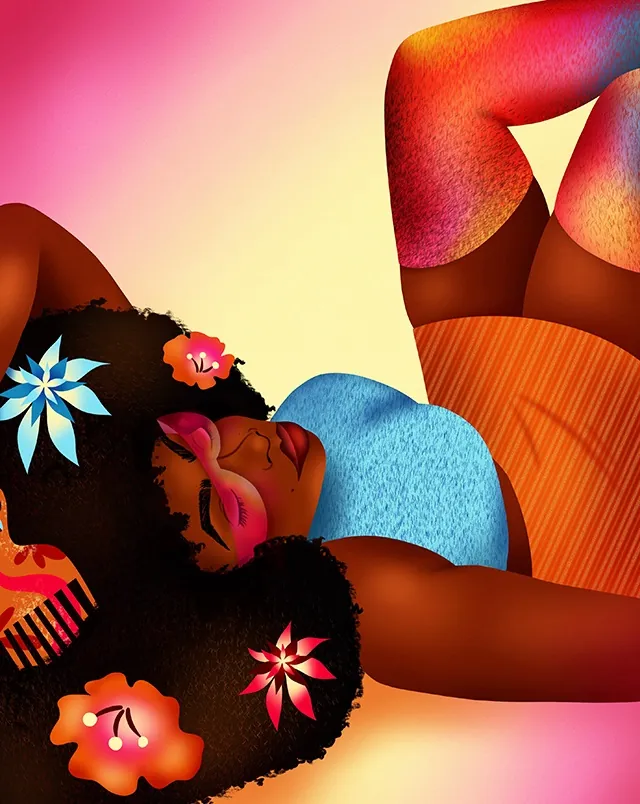 Stylish black woman with flowers in afro hairstyle by Alyah Holmes