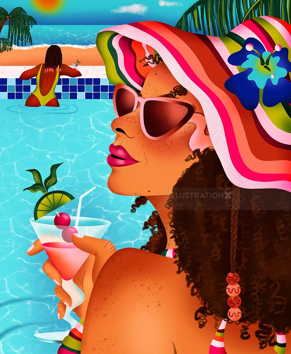 Woman wearing colorful hat and sunglasses by pool with cocktail, by Alyah Holmes