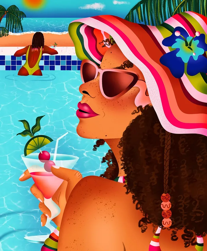Woman wearing colorful hat and sunglasses by pool with cocktail, by Alyah Holmes