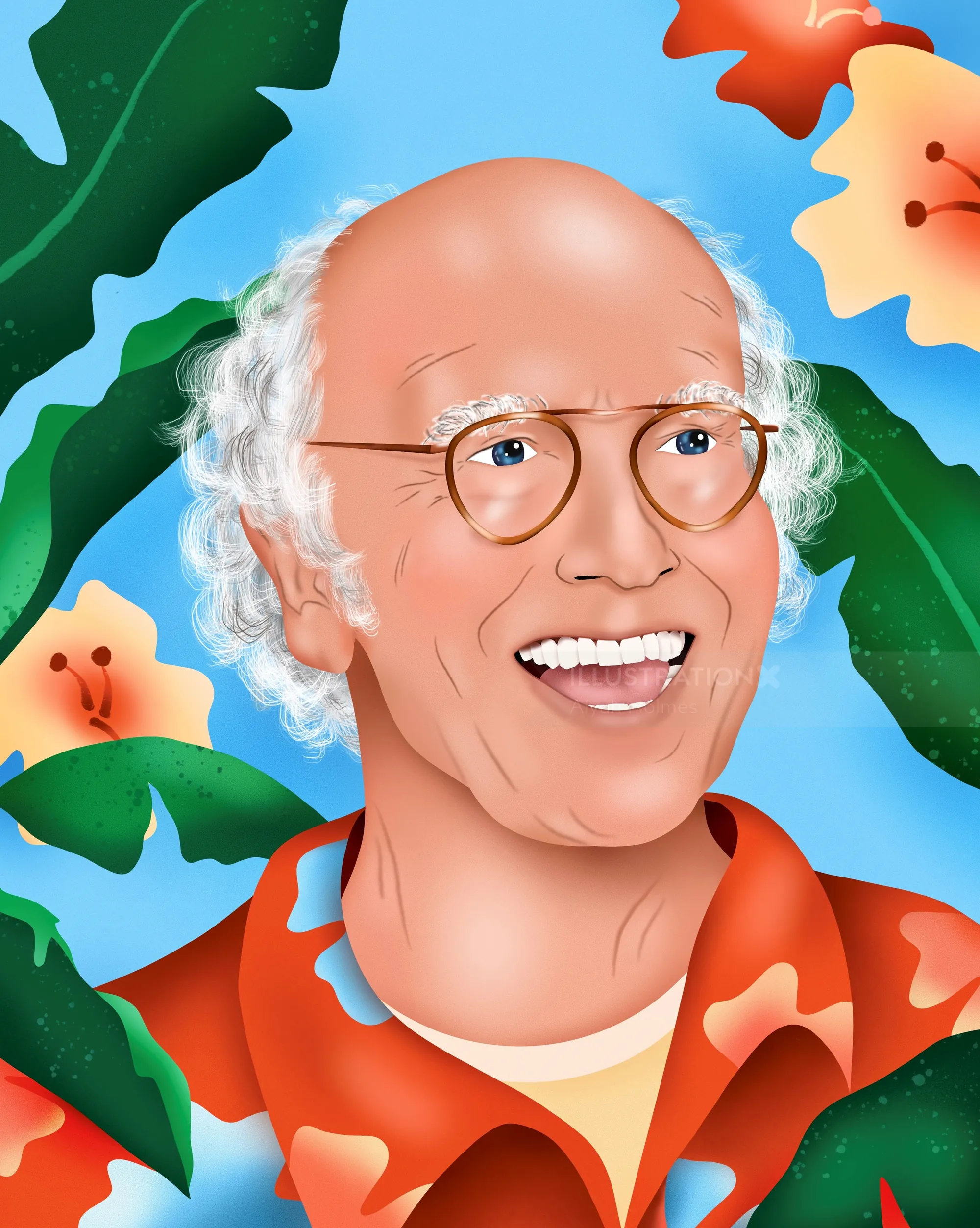 Digital portrait of Larry David surrounded by tropical leaves by Alyah Holmes