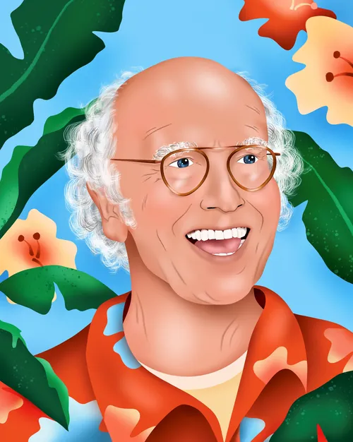 Digital portrait of Larry David surrounded by tropical leaves by Alyah Holmes