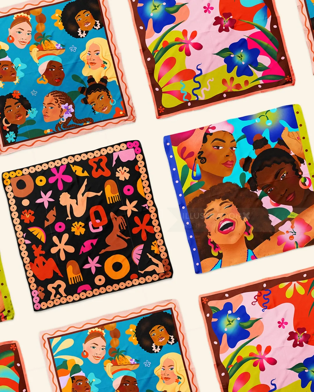 Fabric scarves with colorful illustrations by Alyah Holmes