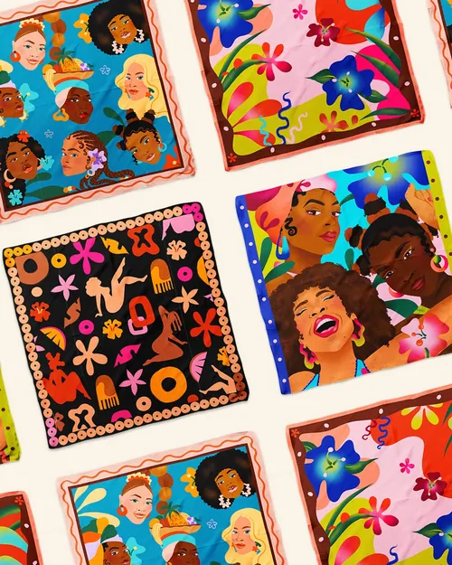 Fabric scarves with colorful illustrations by Alyah Holmes