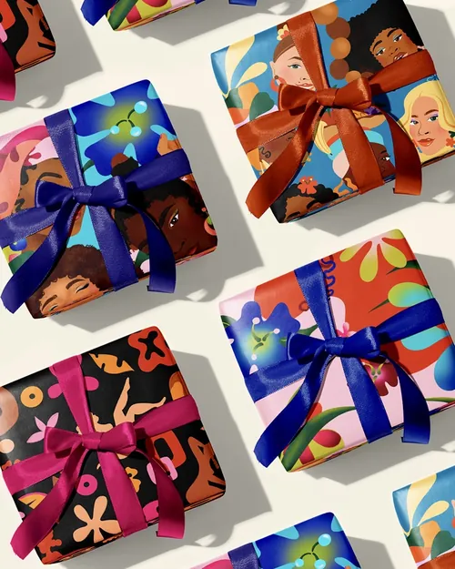 Gift wrap featuring diverse women and abstract shapes by Alyah Holmes