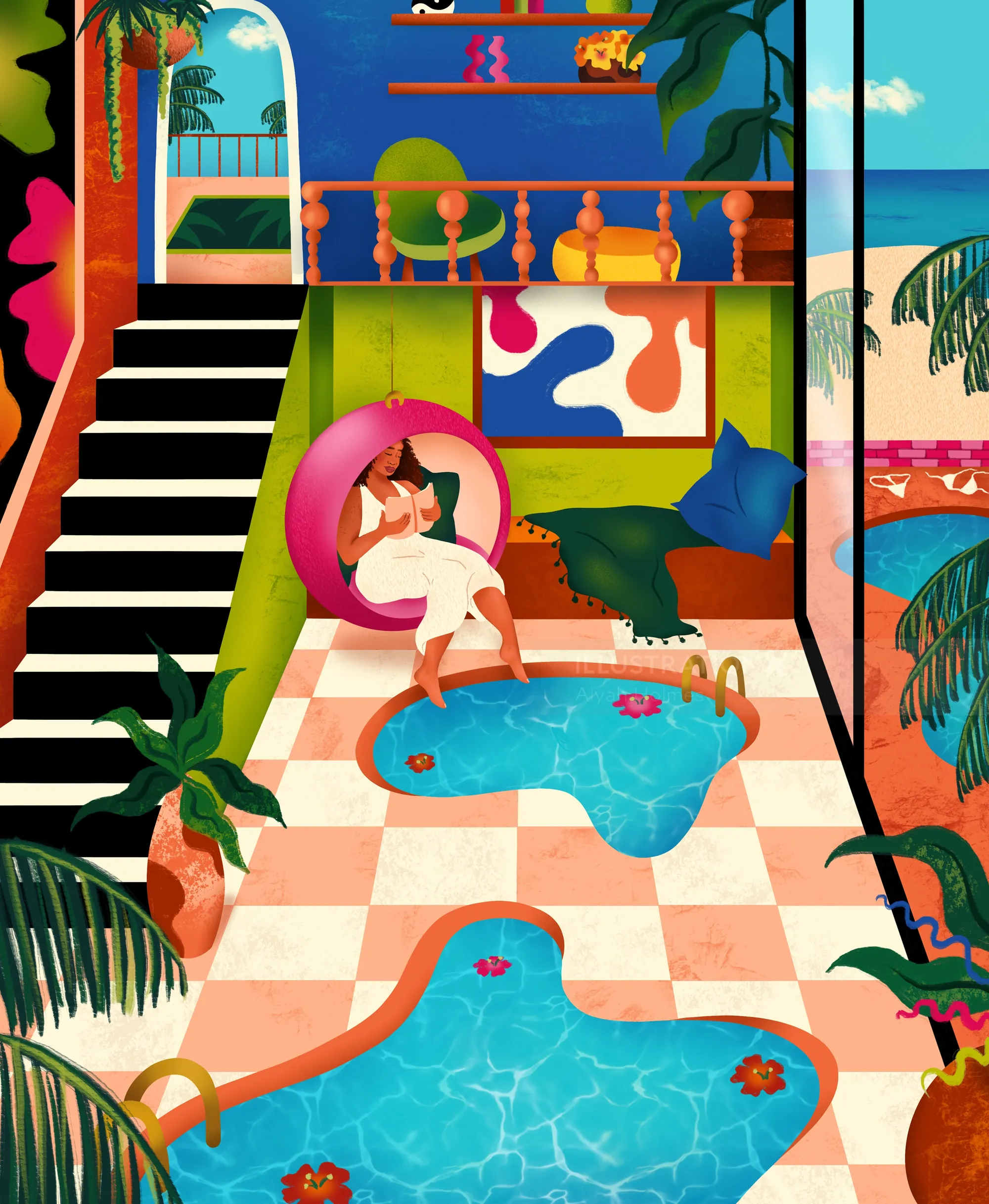Interior tropical vacation scene featuring a woman relaxing by funky pool Alyah Holmes