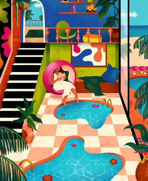 Interior tropical vacation scene featuring a woman relaxing by funky pool Alyah Holmes