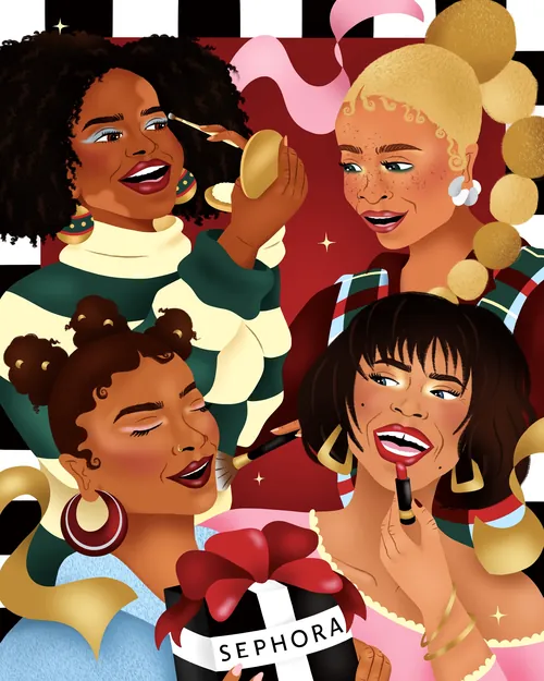 Illustration of diverse women with makeup in Sephora campaign by Alyah Holmes