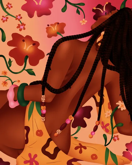 Serene black woman with braided hair surrounded by colorful flowers by Alyah Holmes
