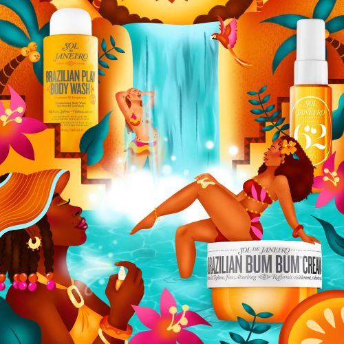 Tropical Brazilian waterfall scene with women and skincare products by Alyah Holmes