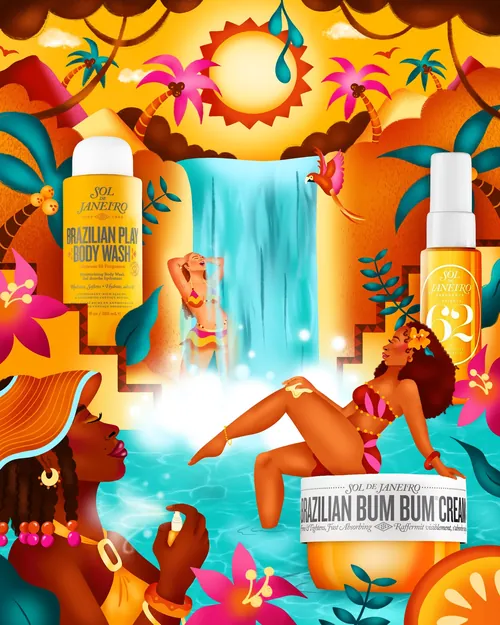 Tropical Brazilian waterfall scene with women and skincare products by Alyah Holmes