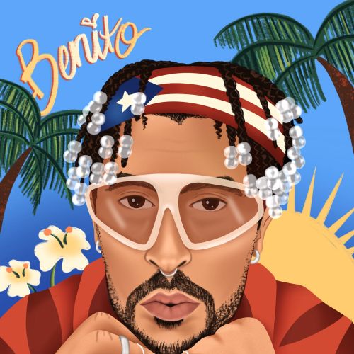 Alyah Holmes illustration of Bad Bunny with Puerto Rican flag headband