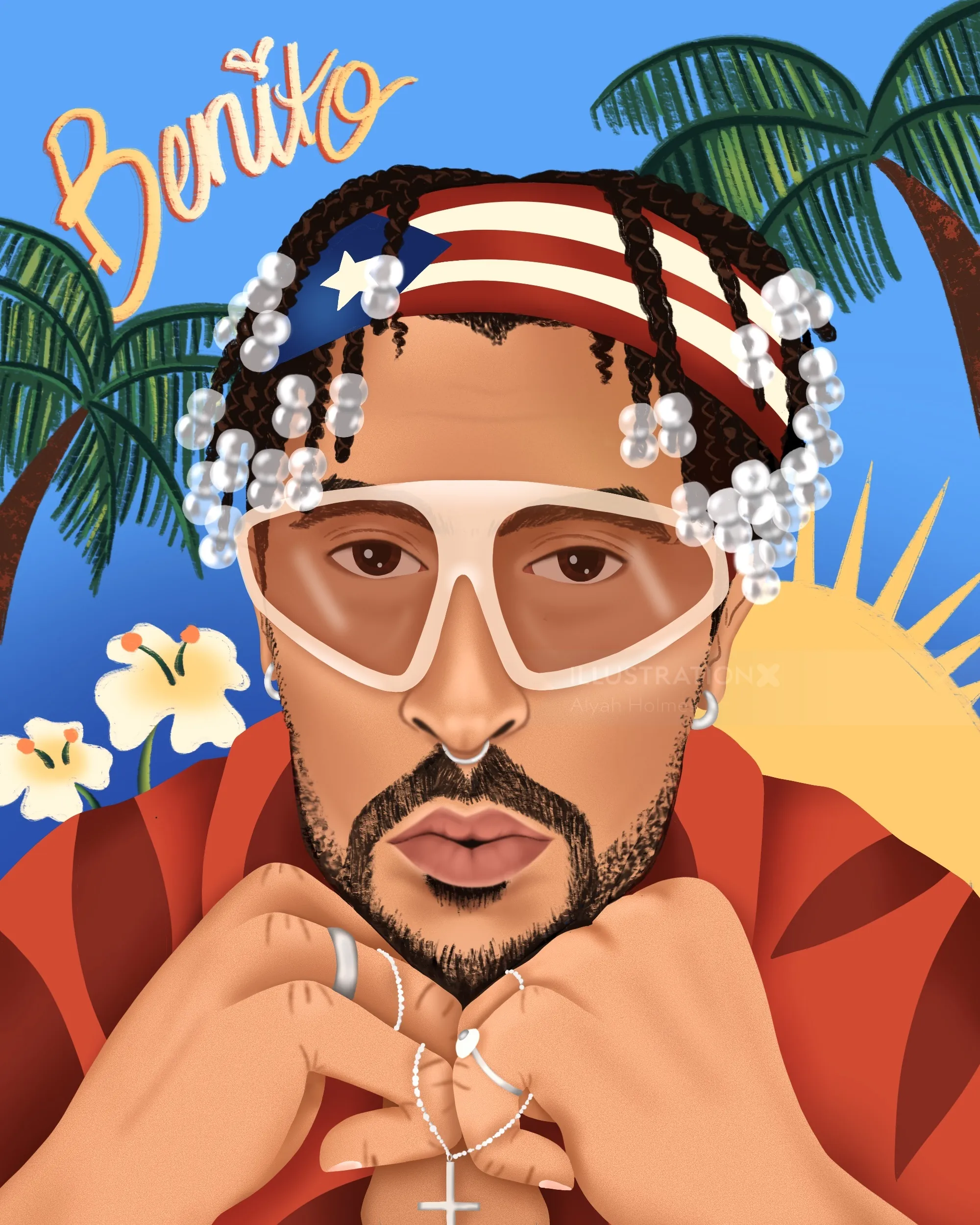 Alyah Holmes illustration of Bad Bunny with Puerto Rican flag headband