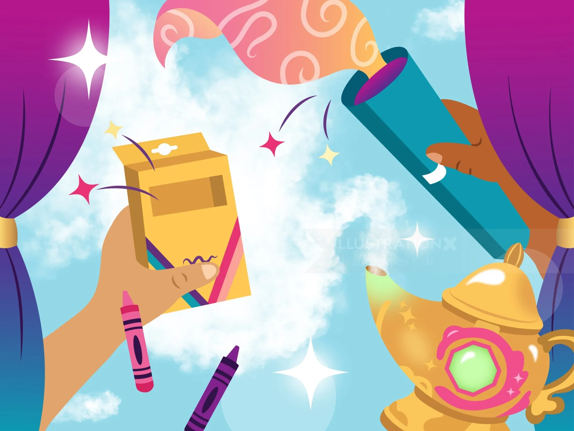 Niños con juguetes y manualidades de Magic Mixies detrás de una cortina (por Alyah Holmes Kids)