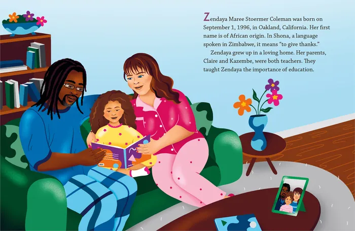 Illustration of family reading a children's book together on a couch