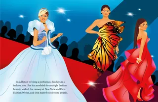 Illustration of three women in colorful dresses on red carpet