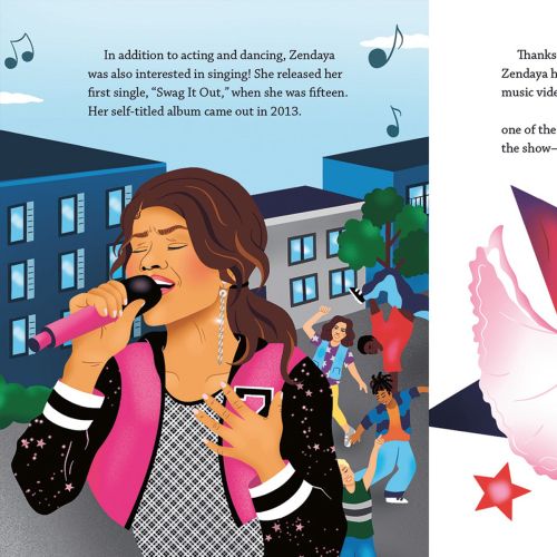 Illustration of young Zendaya singing and dancing on stage