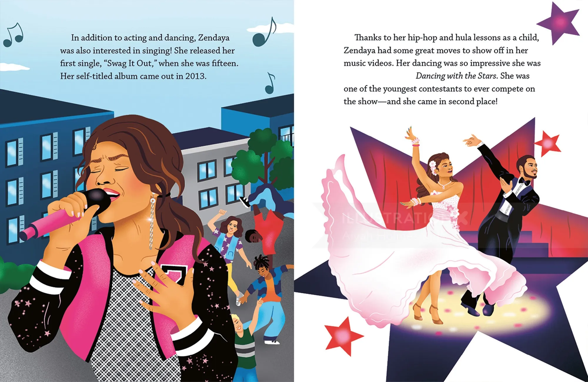 Illustration of young Zendaya singing and dancing on stage