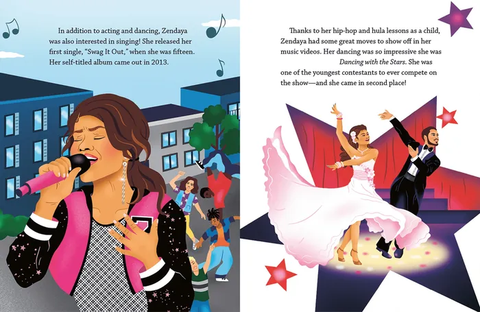 Illustration of young Zendaya singing and dancing on stage