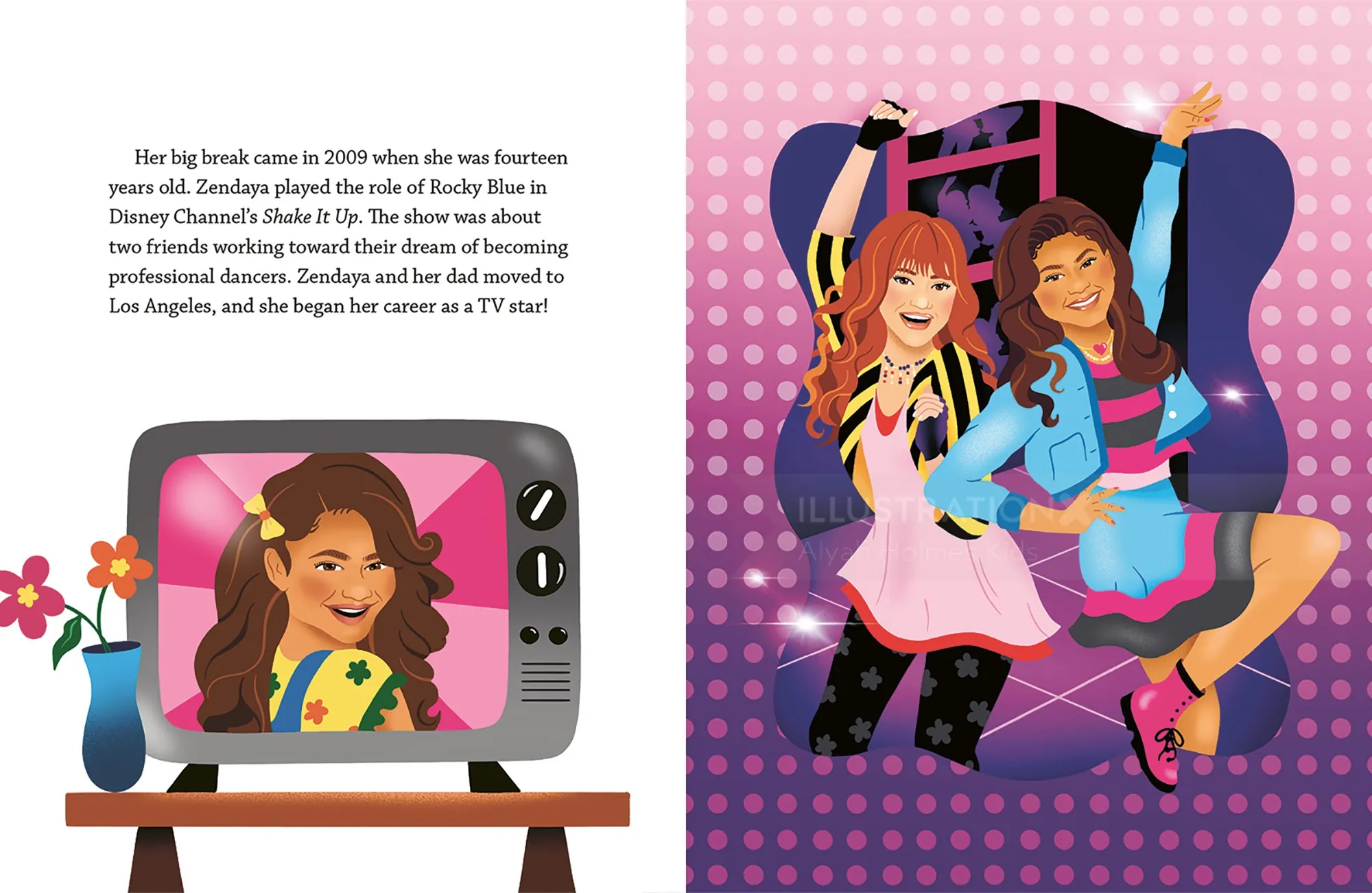 Illustration of Zendaya as a child on TV and dancing with a friend