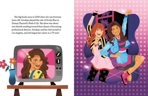 Illustration of Zendaya as a child on TV and dancing with a friend