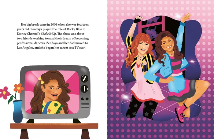 Illustration of Zendaya as a child on TV and dancing with a friend