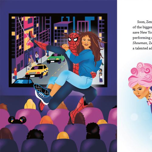 Illustrations of Zendaya as Spider-Man and dancer in a children's book