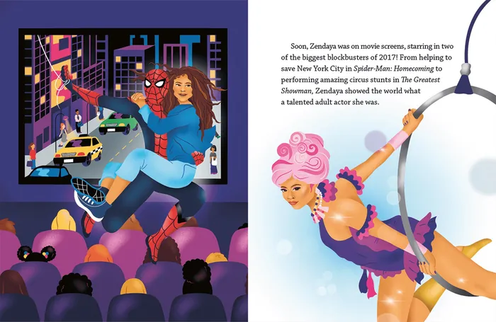 Illustrations of Zendaya as Spider-Man and dancer in a children's book
