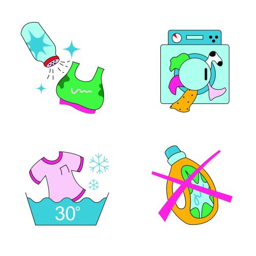 Laundry care symbols including washing, drying, temperature, and detergent icons