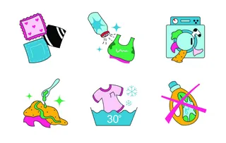 Laundry care symbols including washing, drying, temperature, and detergent icons