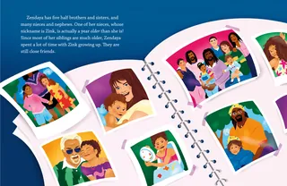 Open photo album showing diverse family pictures and happy moments.