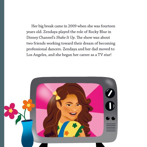 Cartoon girl on old TV screen with plant and flowers nearby