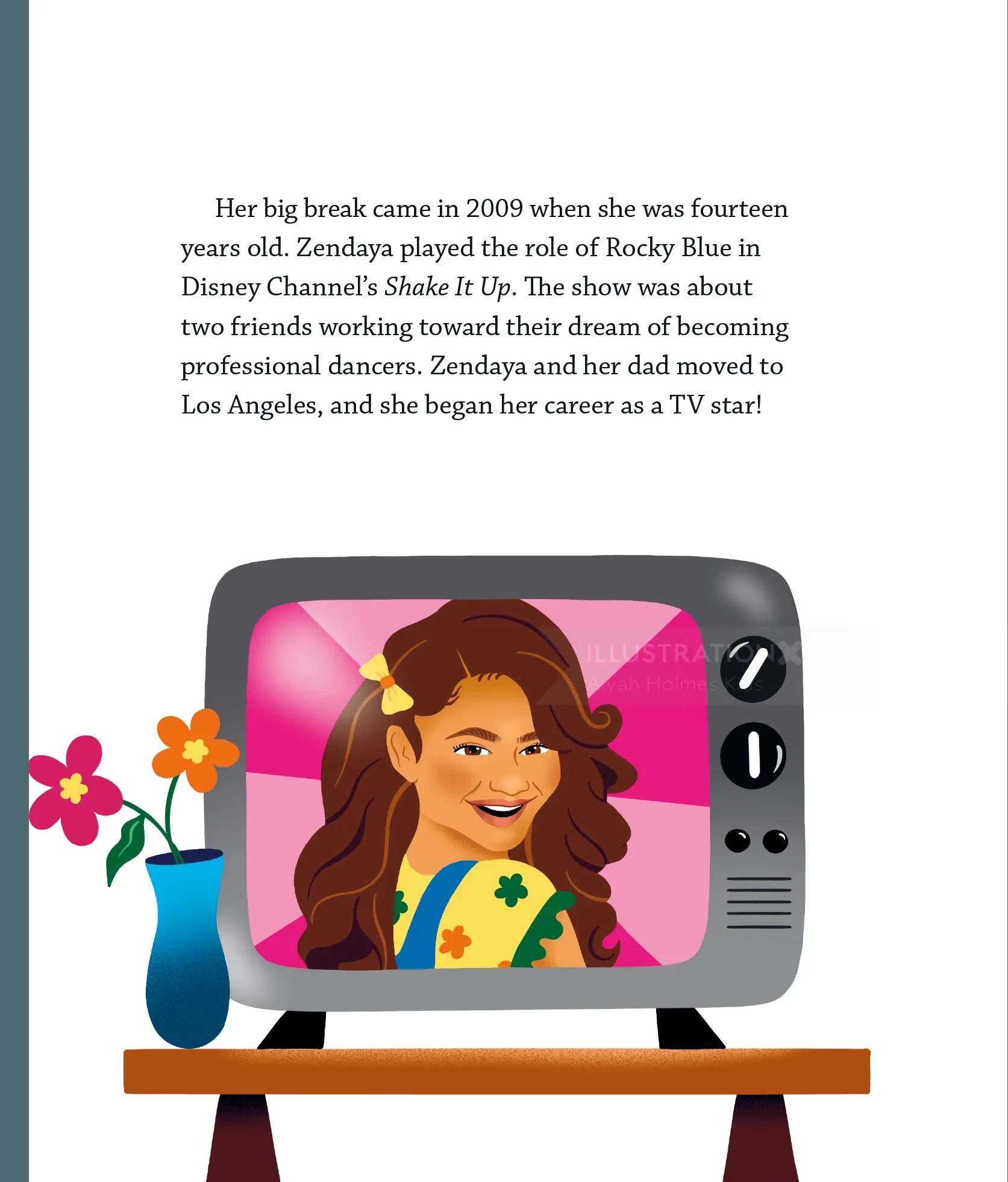 Cartoon girl on old TV screen with plant and flowers nearby