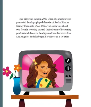Cartoon girl on old TV screen with plant and flowers nearby