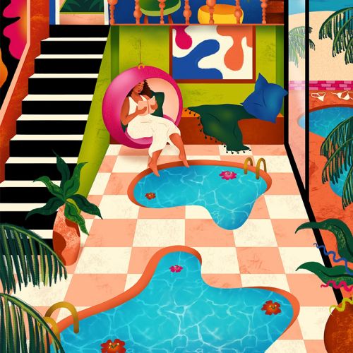 Colorful tropical room with indoor pool and woman relaxing, by Alyah Holmes Kids