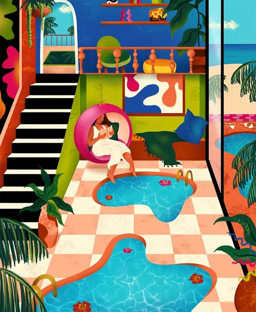 Colorful tropical room with indoor pool and woman relaxing, by Alyah Holmes Kids