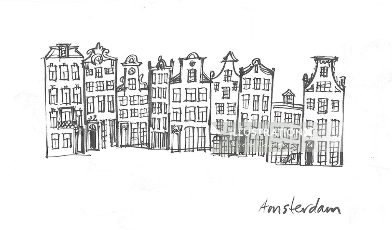 Architecture Drawing of Amsterdam Buildings