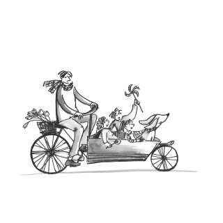 Ilustración lineal de padre con hijos en bicicleta