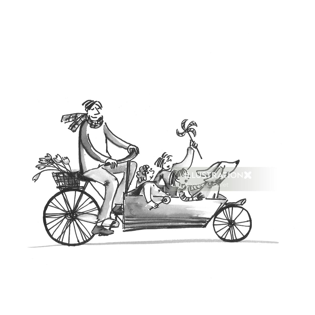 Ilustración de línea de padre con hijos en la bicicleta
