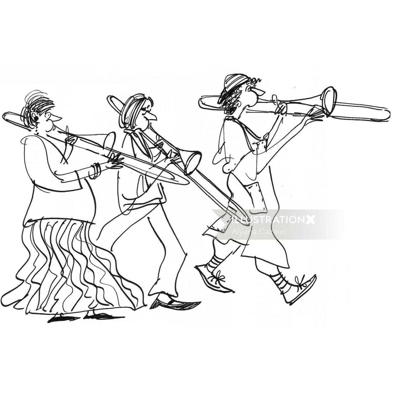 Dibujo lineal de músicos trío de latón