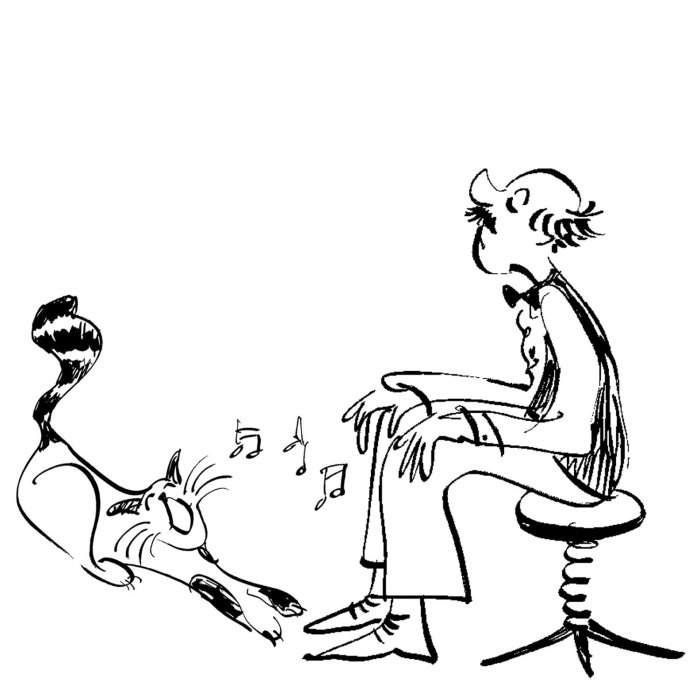 Line art of singing cat and old man
