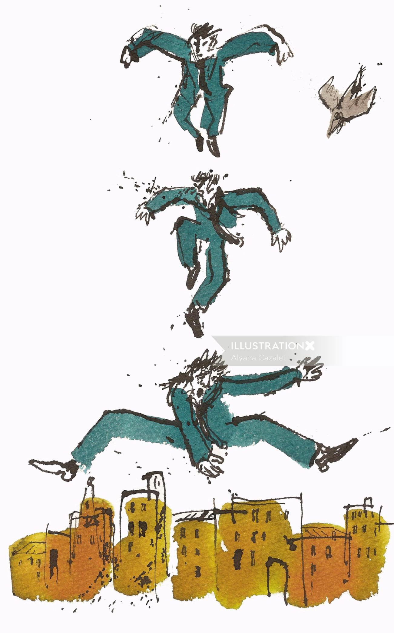 Ilustración de hombre saltando por Alyana Cazalet