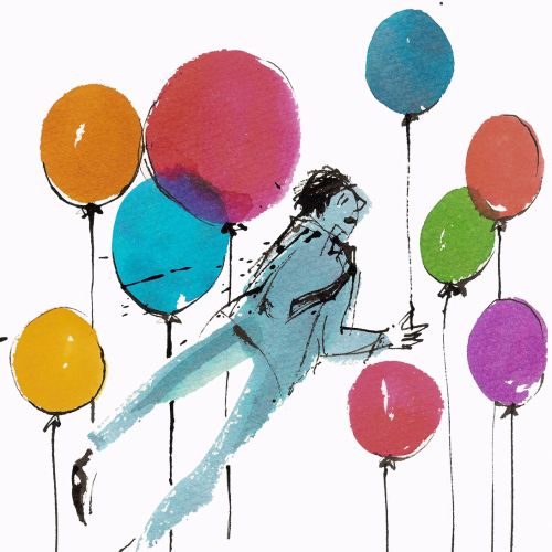 Man flying with balloons illustration 