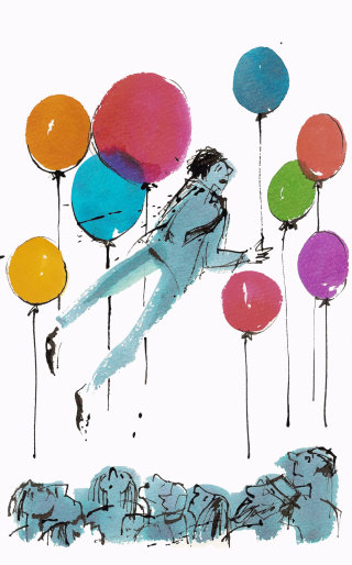 Hombre volando con globos ilustración 