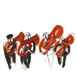 Ilustración de músicos de trompa por Alyana Cazalet