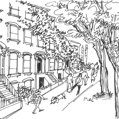 Black and white ink drawing of street scene