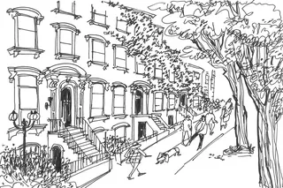 Black and white ink drawing of street scene