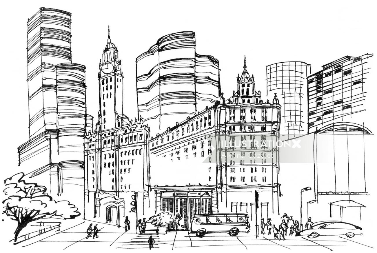 City scene pencil artwork