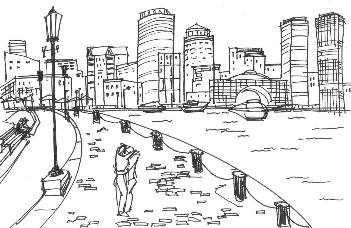 Desenho da cena da cidade para sapatos de Rockport
