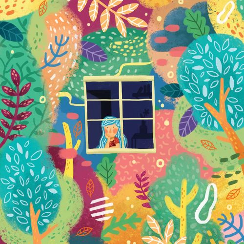 Children's book illustration of little girl looking out the window