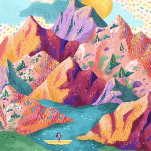 Children illustration of lady boating over mountains